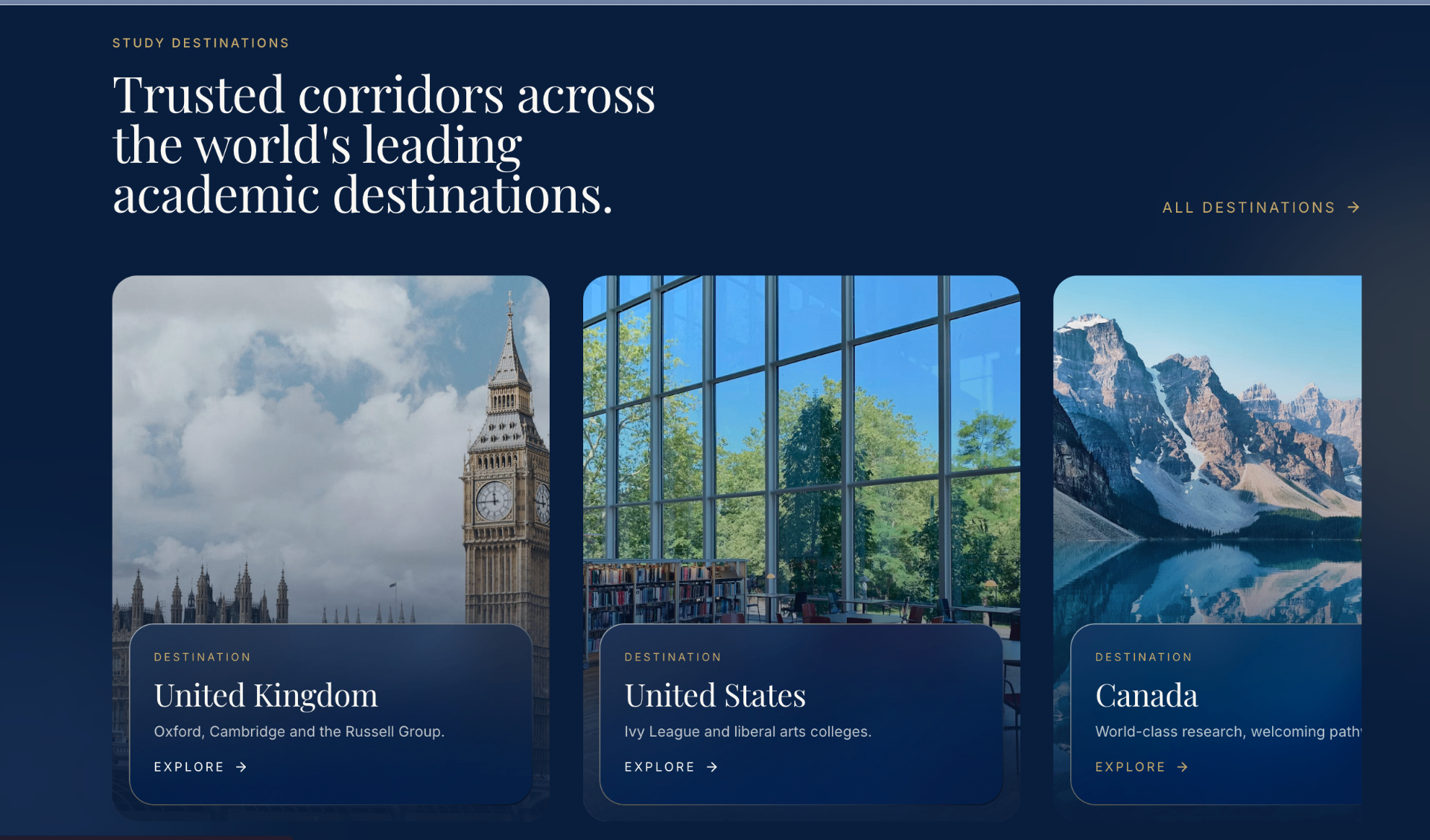 Morgan Oxford study destinations — United Kingdom, United States, Canada.