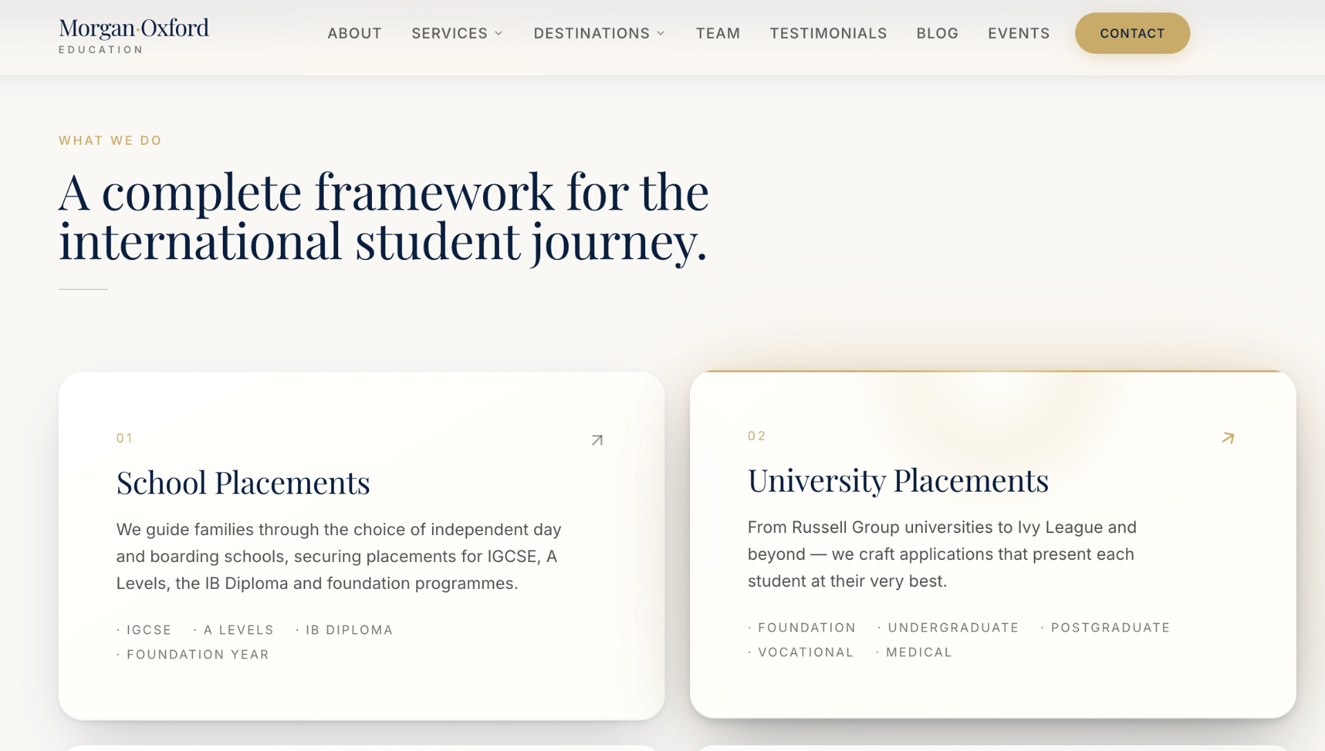 Morgan Oxford service framework — school and university placement cards.